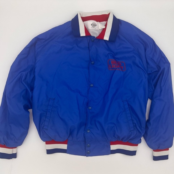 Vintage Bud Light Satin Bomber Jacket XL Blue USA Snap Front 80s Beer Promo - Picture 1 of 13